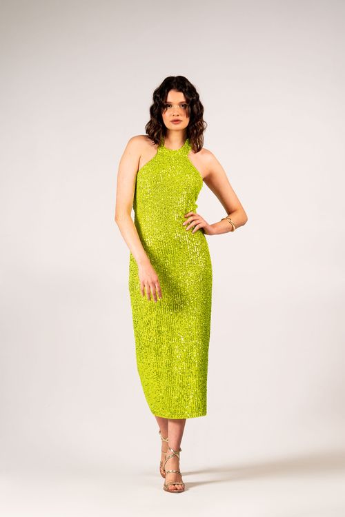 Vestido Midi Com Gola Alta Paetê Shine - Verde Tint