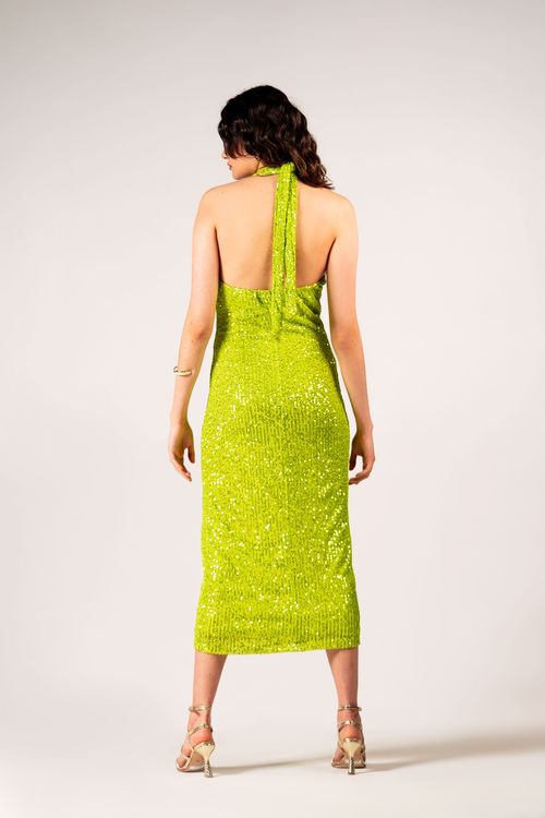 Vestido Midi Com Gola Alta Paetê Shine - Verde Tint