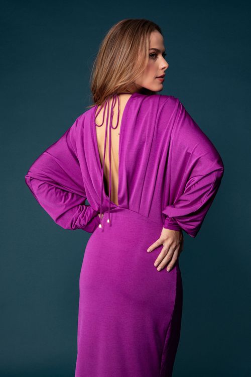 Vestido Longo Manga Ampla Fluid Shine - Roxo