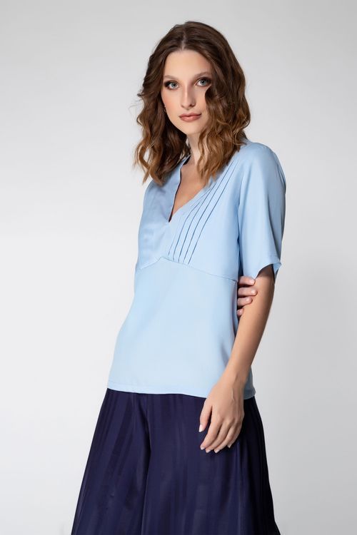 Blusa de Manga com Pregas Bossa Nova - Azul