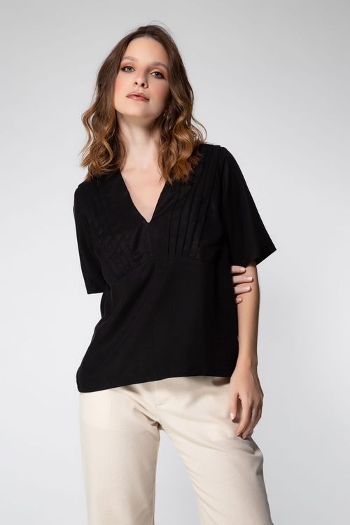 Blusa de Manga com Pregas Bossa Nova - Preto