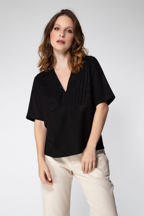 Blusa de Manga com Pregas Bossa Nova - Preto