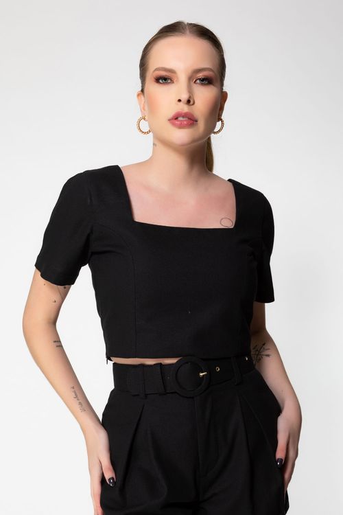 Blusa Cropped Linho Capital - Preto